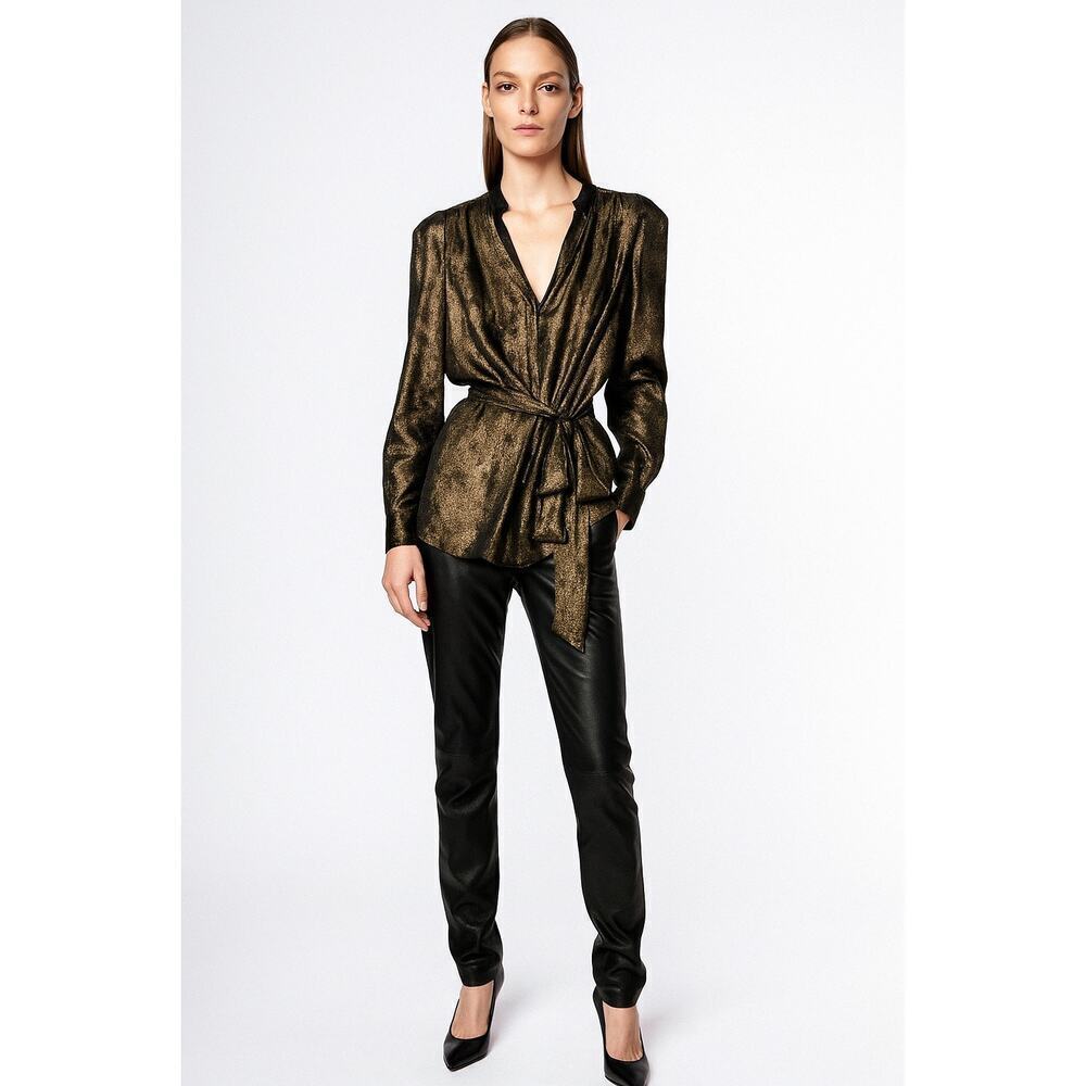 Zadig & Voltaire Retouch Long Sleeve Tie Waist Blouse Top Gold Women's Medium